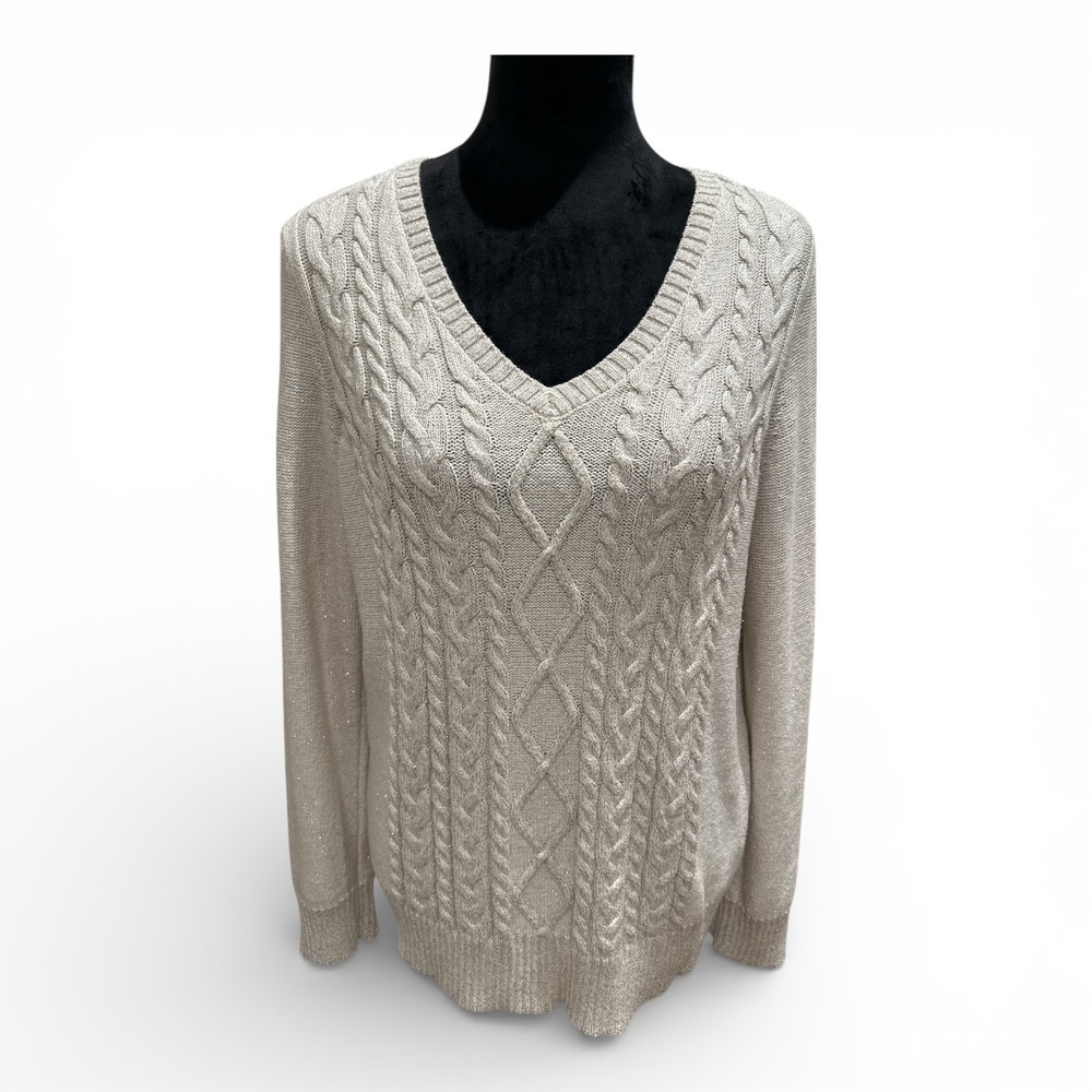 Chaps Classics 1X Cable Knit V-Neck Sweater Ivory w Subtle Metallic Thread